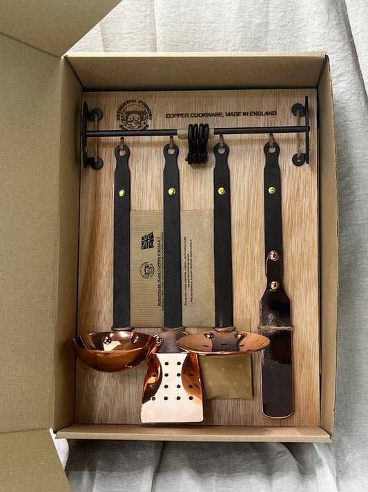 Four Copper Utensils and Hanging Rail in Presentation box
