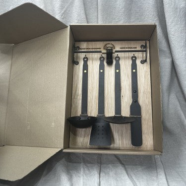 Four Black Iron Utensils and Hanging Rail in Presentation box