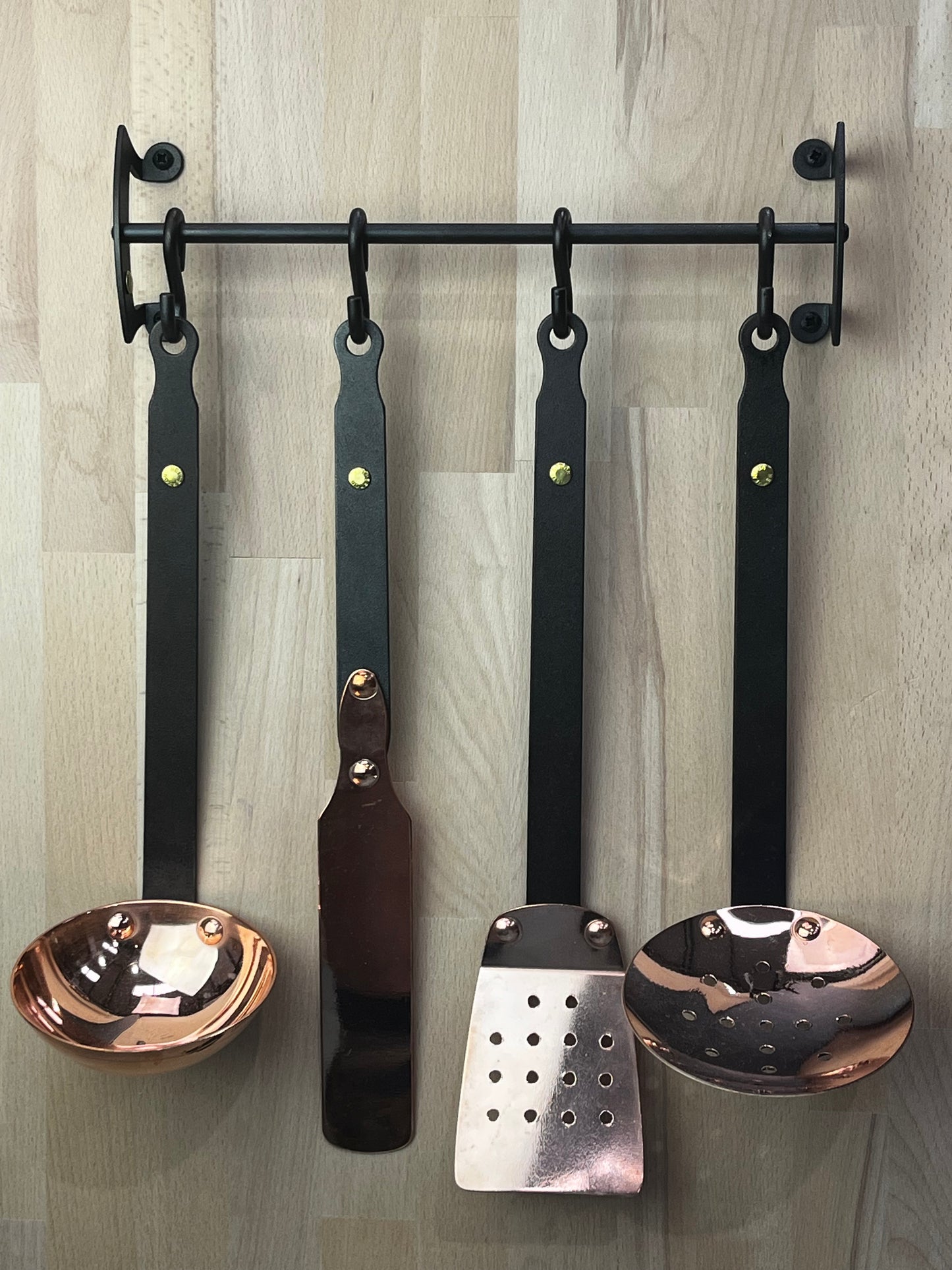 Four Copper Utensils and Hanging Rail in Presentation box