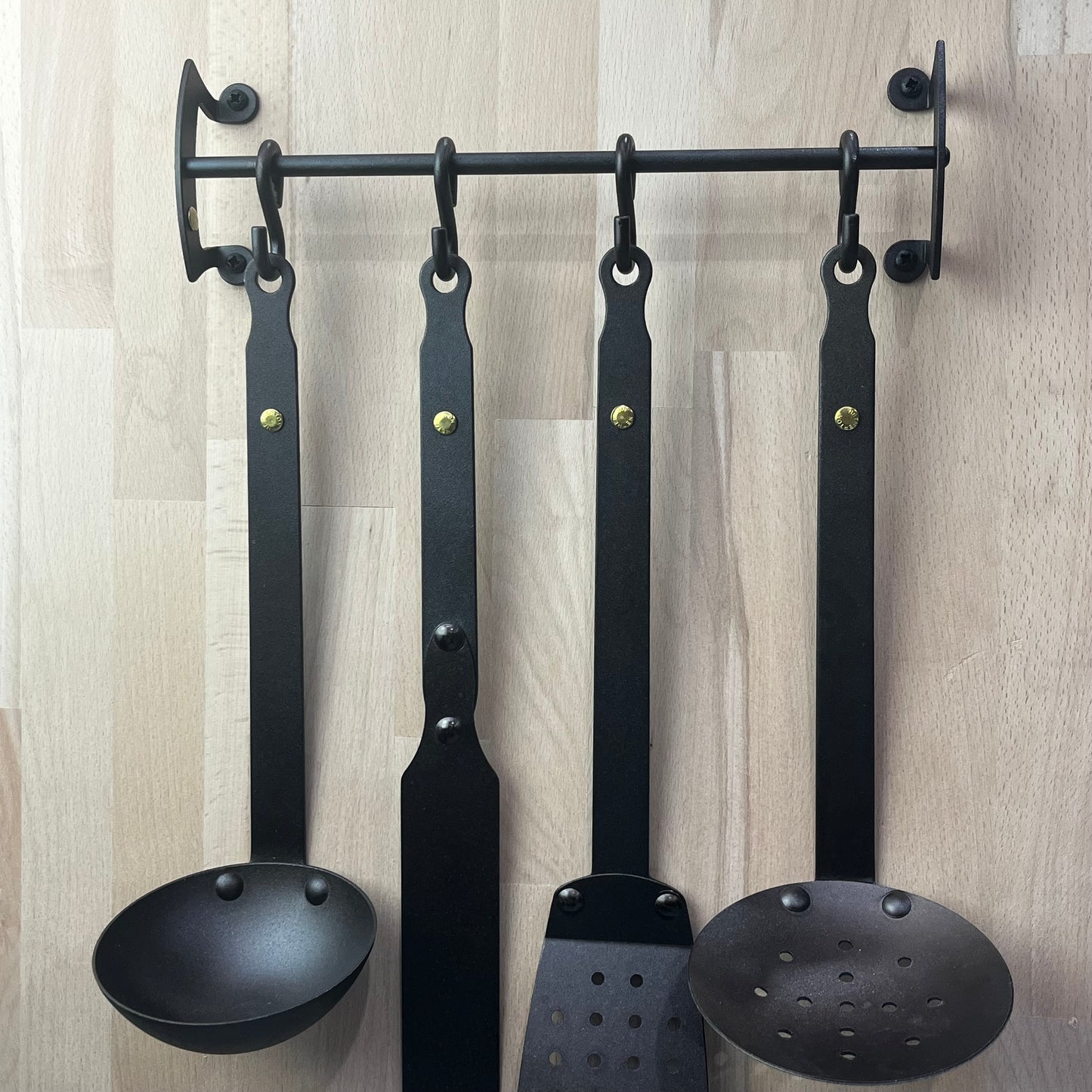 Four Black Iron Utensils and Hanging Rail in Presentation box