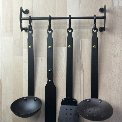 Four Black Iron Utensils and Hanging Rail in Presentation box